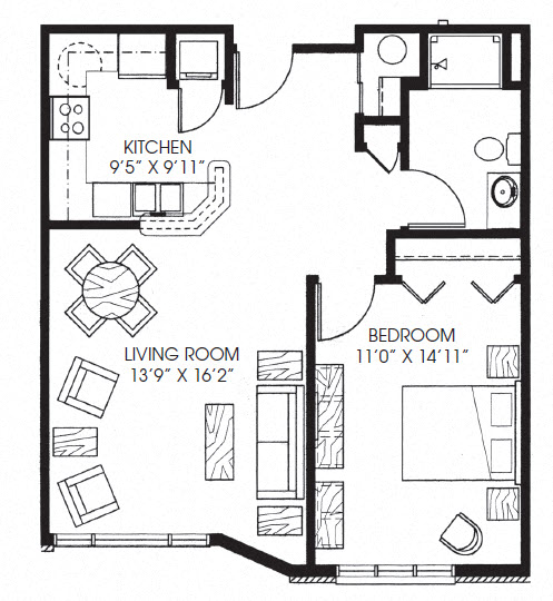 Floor plan for 1 bed, 1 bath, 741 sqft